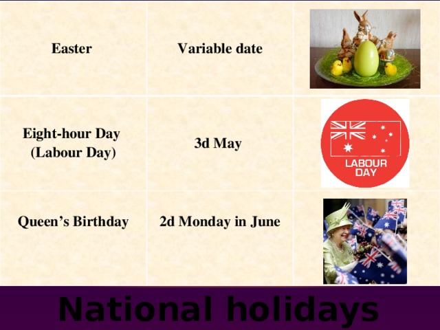 Easter Variable date Eight-hour Day (Labour Day) 3d May  Queen’s Birthday  2d Monday in June   National holidays