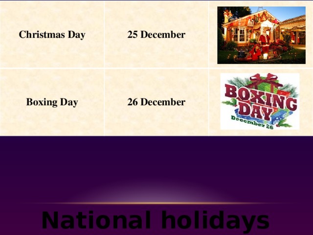 Christmas Day 25 December Boxing Day 26 December National holidays