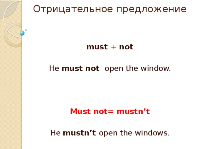 Отрицательное предложение must + not He must  not open the window. Must not= mustn’t He mustn’t open the windows.