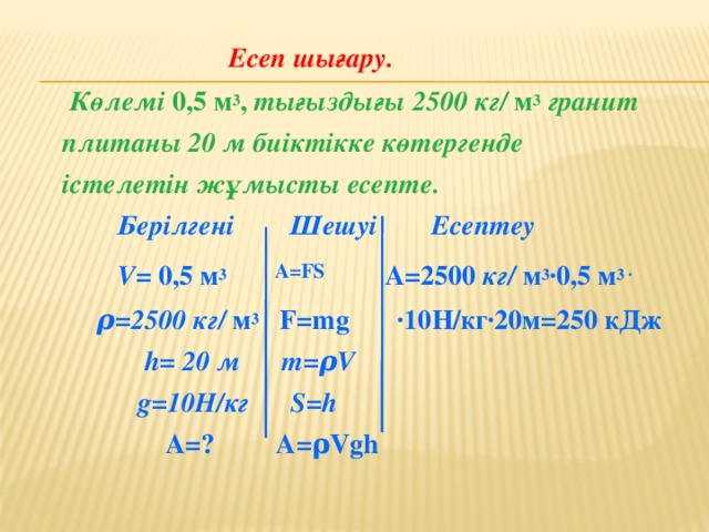 Есеп шығару.  Көлемі 0,5 м 3 , тығыздығы 2500 кг/ м 3  гранит плитаны 20 м биіктікке көтергенде істелетін жұмысты есепте.  Берілгені Шешуі Есептеу  V= 0,5 м 3 A=FS  A=2500 кг/ м 3 ·0,5 м 3 ·  ρ=2500 кг/ м 3 F=mg ·10Н/кг·20м=250 кДж  h= 20 м m=ρV  g=10Н/кг S=h  A=? A=ρVgh