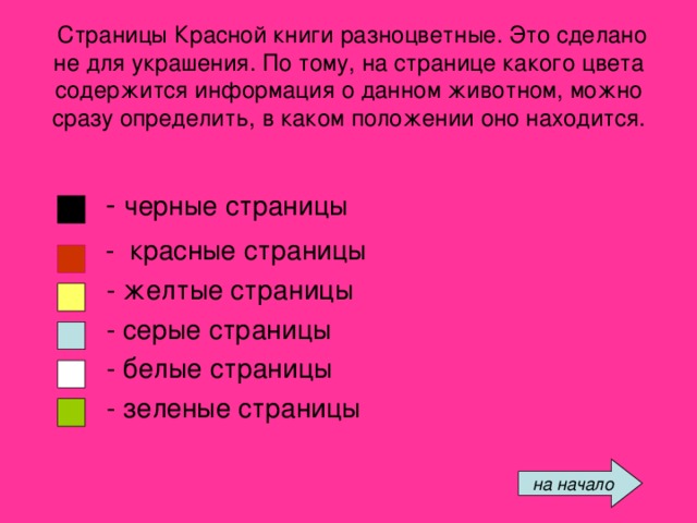 Страницы Красной книги разноцветные. Это сделано не для украшения. По тому, на странице какого цвета содержится информация о данном животном, можно сразу определить, в каком положении оно находится.  - черные страницы   - красные страницы  - желтые страницы  - серые страницы  - белые страницы  - зеленые страницы      на начало