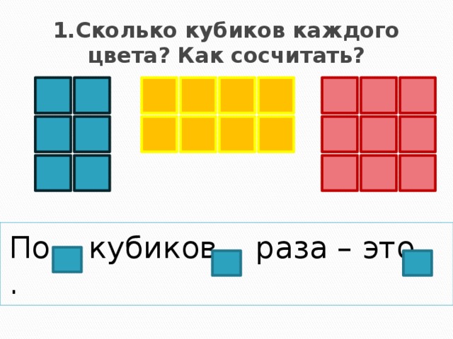 1.Сколько кубиков каждого цвета? Как сосчитать? По кубиков раза – это .