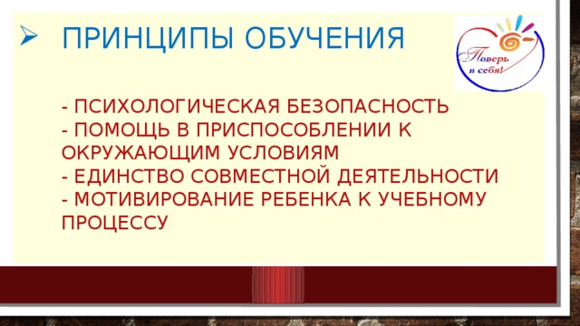 Принципы обучения   - Психологическая безопасность  - Помощь в приспособлении к окружающим условиям  - Единство совместной деятельности  - Мотивирование ребенка к учебному процессу