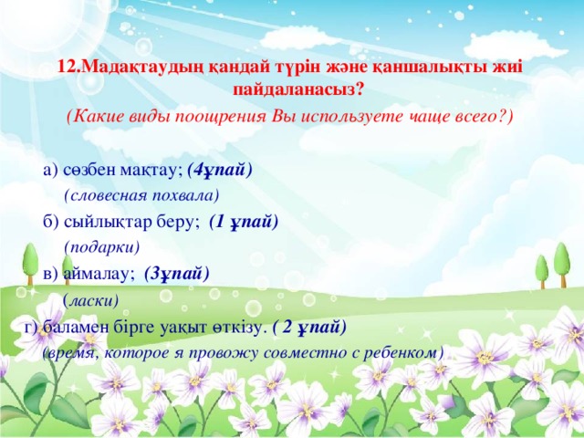 12.Мадақтаудың қандай түрін және қаншалықты жиі пайдаланасыз? (Какие виды поощрения Вы используете чаще всего?)   а) сөзбен мақтау; (4ұпай)  (словесная похвала)  б) сыйлықтар беру; (1 ұпай)  (подарки)  в) аймалау; (3ұпай)  ( ласки) г) баламен бірге уақыт өткізу. ( 2 ұпай)   (время, которое я провожу совместно с ребенком)