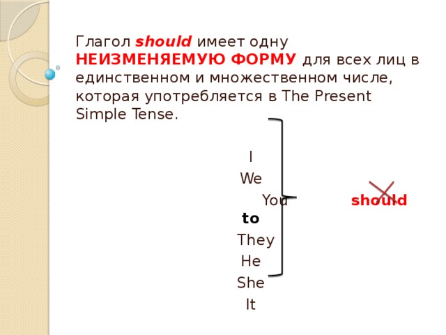 Глагол should  имеет одну НЕИЗМЕНЯЕМУЮ ФОРМУ для всех лиц в единственном и множественном числе, которая употребляется в The Present Simple Tense. I We  You should to  They He She It