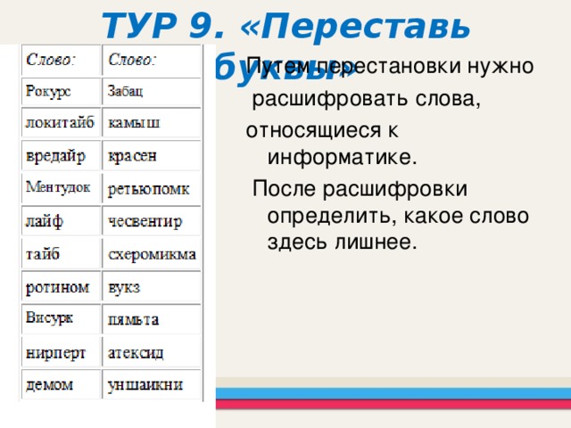 ТУР 9. «Переставь буквы» Путем перестановки нужно  расшифровать слова, относящиеся к информатике.  После расшифровки определить, какое слово здесь лишнее.