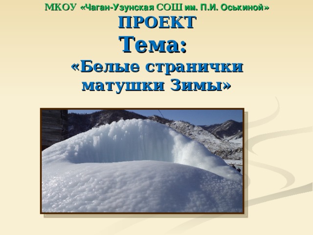 МКОУ « Чаган-Узунская СОШ им. П.И. Оськиной »  ПРОЕКТ  Тема:  «Белые странички матушки Зимы»