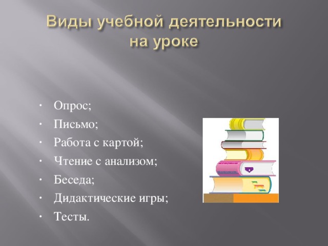 Опрос; Письмо; Работа с картой; Чтение с анализом; Беседа; Дидактические игры; Тесты.