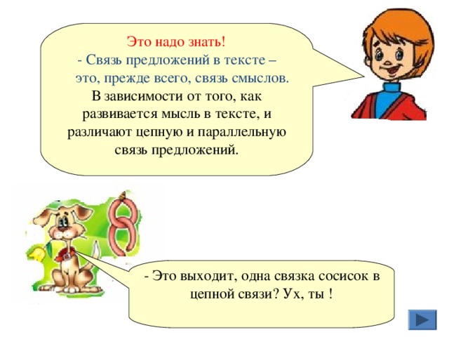 Это надо знать! - Связь предложений в тексте –  это, прежде всего, связь смыслов.  В зависимости от того, как развивается мысль в тексте, и различают цепную и параллельную связь предложений. - Это выходит, одна связка сосисок в цепной связи? Ух, ты !