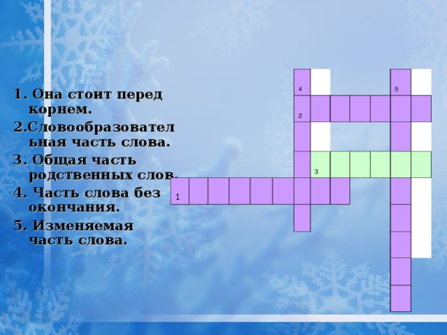 Она стоит перед корнем. 2.  Словообразовательная часть слова. 3.  Общая часть родственных слов. 4.  Часть слова без окончания. 5.  Изменяемая часть слова.  1     4      2                        3          5                                  1.  Она стоит перед корнем. 2.Словообразовательная часть слова. 3.  Общая часть родственных слов. 4.  Часть слова без окончания. 5.  Изменяемая часть слова.