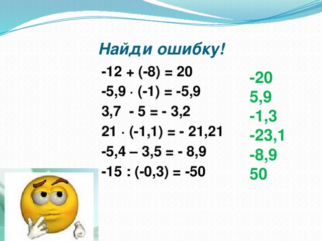 Найди ошибку! -12 + (-8) = 20 -5,9 ∙ (-1) = -5,9 3,7 - 5 = - 3,2 21 ∙ (-1,1) = - 21,21 -5,4 – 3,5 = - 8,9 -15 : (-0,3) = -50 -20 5,9 -1,3 -23,1 -8,9 50