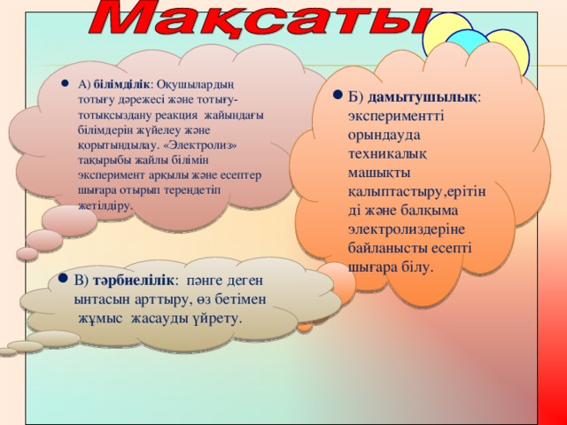 Б) дамытушылық : экспериментті орындауда техникалық машықты қалыптастыру,ерітінді және балқыма электролиздеріне байланысты есепті шығара білу. А) білімділік : Оқушылардың  тотығу дәрежесі және тотығу-тотықсыздану реакция жайындағы білімдерін жүйелеу және қорытындылау. «Электролиз» тақырыбы жайлы білімін эксперимент арқылы және есептер шығара отырып тереңдетіп жетілдіру. В) тәрбиелілік : пәнге деген ынтасын арттыру, өз бетімен жұмыс жасауды үйрету.