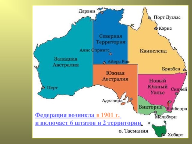 Федерация возникла в 1901 г.  и включает 6 штатов и 2 территории .