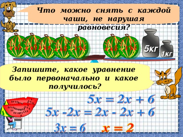 Что можно снять с каждой чаши, не нарушая равновесия? х кг х кг х кг х кг 5кг х кг х кг х кг 1кг Запишите, какое уравнение было первоначально и какое получилось? Решение уравнения на доске 6