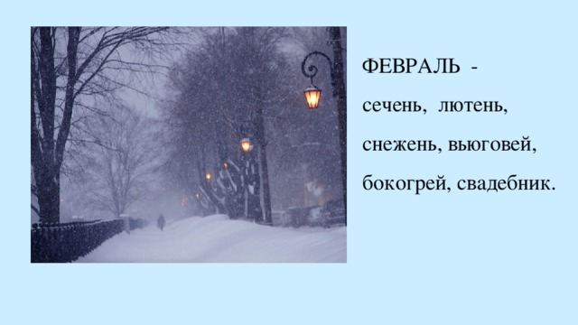 ФЕВРАЛЬ - сечень, лютень, снежень, вьюговей, бокогрей, свадебник.