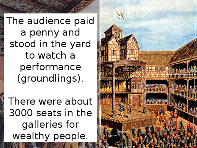 The audience paid a penny and stood in the yard to watch a performance (groundlings). There were about 3000 seats in the galleries for wealthy people.