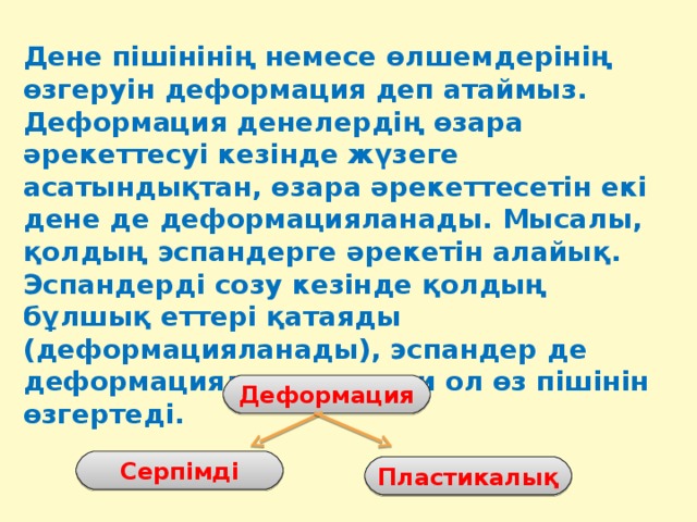 Дене пішінінің немесе өлшемдерінің өзгеруін деформация деп атаймыз. Деформация денелердің өзара әрекеттесуі кезінде жүзеге асатындықтан, өзара әрекеттесетін екі дене де деформацияланады. Мысалы, қолдың эспандерге әрекетін алайық. Эспандерді созу кезінде қолдың бұлшық еттері қатаяды (деформацияланады), эспандер де деформацияланады, яғни ол өз пішінін өзгертеді.  Деформация Серпімді Пластикалық