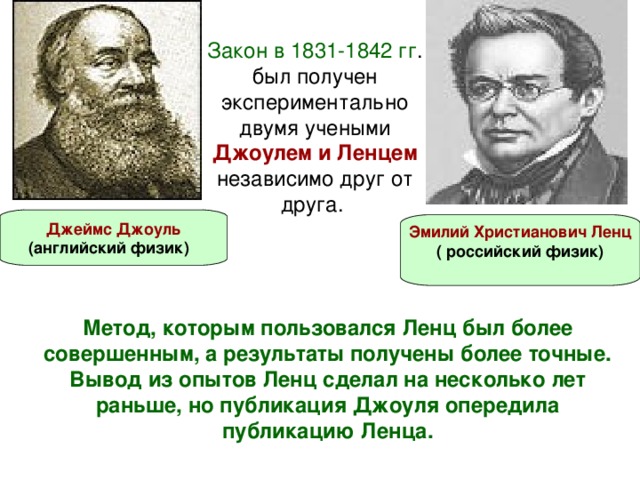 Закон в 1831-1842 гг . был получен экспериментально двумя учеными Джоулем и Ленцем независимо друг от друга.  Джеймс Джоуль (английский физик)   Эмилий Христианович Ленц   ( российский физик)  Метод, которым пользовался Ленц был более совершенным, а результаты получены более точные. Вывод из опытов Ленц сделал на несколько лет раньше, но публикация Джоуля опередила публикацию Ленца.