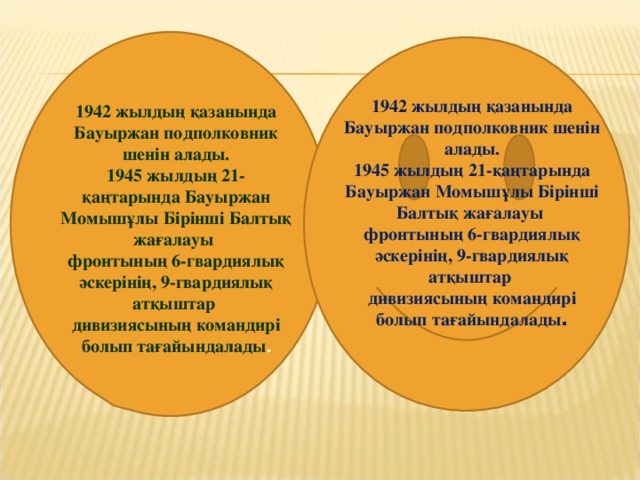 1942 жылдың қазанында Бауыржан подполковник шенін алады.  1945 жылдың 21-қаңтарында Бауыржан Момышұлы Бірінші Балтық жағалауы фронтының 6-гвардиялық әскерінің, 9-гвардиялық атқыштар дивизиясының командирі болып тағайындалады .   1942 жылдың қазанында Бауыржан подполковник шенін алады.  1945 жылдың 21-қаңтарында Бауыржан Момышұлы Бірінші Балтық жағалауы фронтының 6-гвардиялық әскерінің, 9-гвардиялық атқыштар дивизиясының командирі болып тағайындалады .