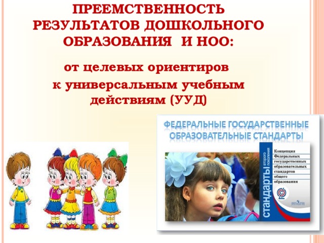 ПРЕЕМСТВЕННОСТЬ РЕЗУЛЬТАТОВ ДОШКОЛЬНОГО ОБРАЗОВАНИЯ И НОО: от целевых ориентиров к универсальным учебным действиям (УУД)