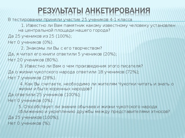 В тестировании приняли участие 25 учеников 4-1 класса  1. Известно ли Вам памятник какому известному человеку установлен на центральной площади нашего города? Да 25 учеников из 25 (100%); Нет 0 учеников (0%).  2. Знакомы ли Вы с его творчеством? Да, я читал его книги ответили 5 учеников (20%); Нет 20 учеников (80%).  3. Известно ли Вам о чем произведения этого писателя? Да о жизни чукотского народа ответили 18 учеников (72%); Нет 7 учеников (28%).  4. Как Вы считаете, необходимо ли жителям Чукотки читать и знать о жизни и быте коренных народов? Да ответили 25 учеников (100%); Нет 0 учеников (0%).  5. Способствует ли знание обычаев и жизни чукотского народа сближению и укреплению дружбы между представителями этносов? Да 25 учеников (100%); Нет 0 учеников (%).