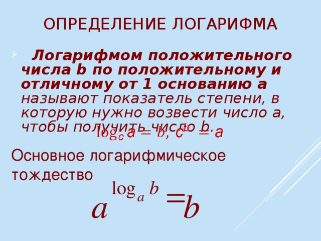 Определение логарифма  Логарифмом положительного числа b по положительному и отличному от 1 основанию а называют показатель степени, в которую нужно возвести число а, чтобы получить число b.    Основное логарифмическое тождество = b log a b а