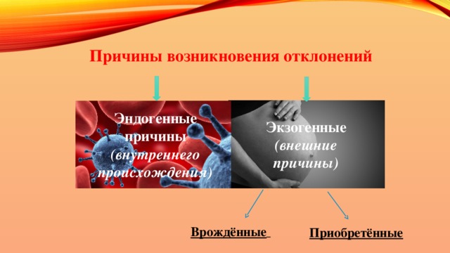 Причины возникновения отклонений Эндогенные причины (внутреннего происхождения) Экзогенные (внешние причины) Врождённые  Приобретённые