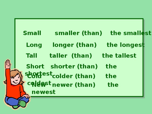 Small   smaller (than) the smallest Long longer (than )   the longest Tall taller (than) the tallest   Short shorter (than) the shortest Cold colder (than) the coldest New newer (than) the newest