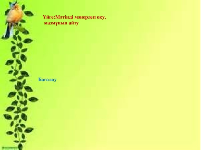 Үйге:Мәтінді мәнерлеп оқу,  мазмұнын айту Бағалау