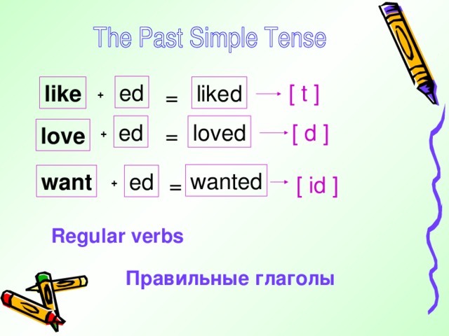 [ t ] ed like liked = + ed loved [ d ] = love + wanted want ed = [ id ] + Regular verbs Правильные глаголы