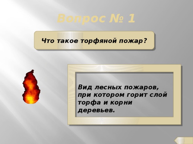 Вопрос № 1 Что такое торфяной пожар? Вид лесных пожаров, при котором горит слой торфа и корни деревьев.