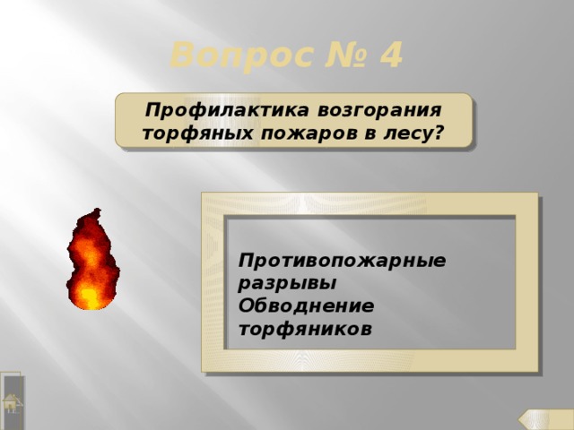 Вопрос № 4 Профилактика возгорания торфяных пожаров в лесу? Противопожарные разрывы Обводнение торфяников