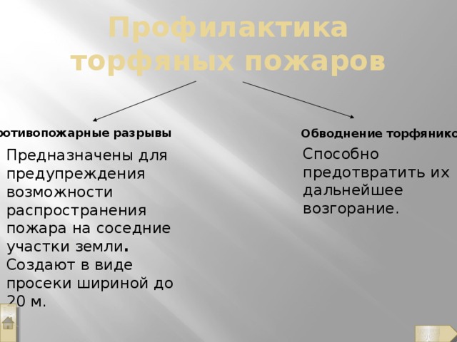 Профилактика торфяных пожаров Противопожарные разрывы Обводнение торфяников Способно предотвратить их дальнейшее возгорание. Предназначены для предупреждения возможности распространения пожара на соседние участки земли . Создают в виде просеки шириной до 20 м.