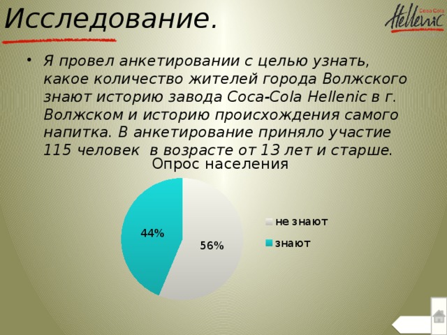 Исследование. Я провел анкетировании с целью узнать, какое количество жителей города Волжского знают историю завода Coca-Cola Hellenic в г. Волжском и историю происхождения самого напитка. В анкетирование приняло участие 115 человек в возрасте от 13 лет и старше.