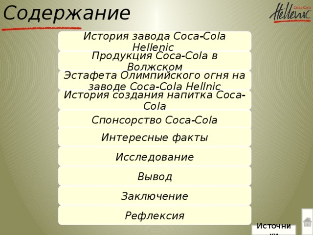 Содержание История завода Coca-Cola Hellenic Продукция Coca-Cola в Волжском Эстафета Олимпийского огня на заводе Coca-Cola Hellnic История создания напитка Coca-Cola Спонсорство Coca-Cola Интересные факты Исследование Вывод Заключение Рефлексия Источники