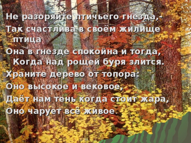 Не разоряйте птичьего гнезда,- Так счастлива в своём жилище птица Она в гнезде спокойна и тогда,  Когда над рощей буря злится. Храните дерево от топора: Оно высокое и вековое, Даёт нам тень когда стоит жара, Оно чарует всё живое .