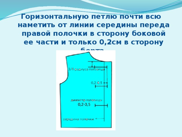 Горизонтальную петлю почти всю наметить от линии середины переда правой полочки в сторону боковой ее части и только 0,2см в сторону борта