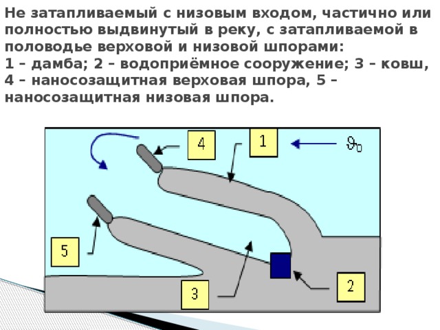 Не затапливаемый с низовым входом, частично или полностью выдвинутый в реку, с затапливаемой в половодье верховой и низовой шпорами:  1 – дамба; 2 – водоприёмное сооружение; 3 – ковш, 4 – наносозащитная верховая шпора, 5 – наносозащитная низовая шпора.