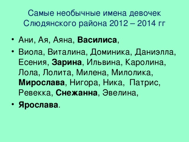 Самые необычные имена девочек  Слюдянского района 2012 – 2014 гг