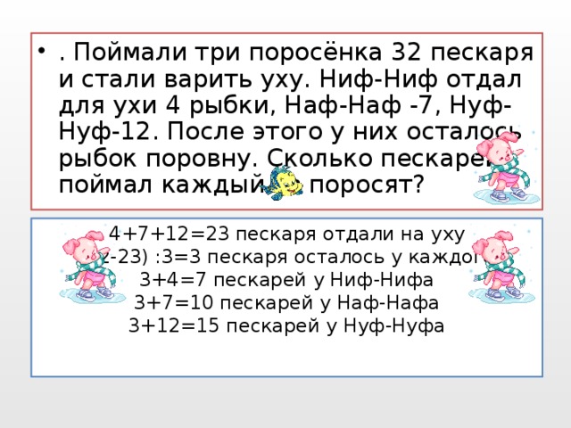 . Поймали три поросёнка 32 пескаря и стали варить уху. Ниф-Ниф отдал для ухи 4 рыбки, Наф-Наф -7, Нуф-Нуф-12. После этого у них осталось рыбок поровну. Сколько пескарей поймал каждый из поросят?