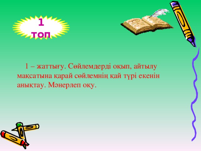 1 топ  1 – жаттығу. Сөйлемдерді оқып, айтылу мақсатына қарай сөйлемнің қай түрі екенін анықтау. Мәнерлеп оқу.