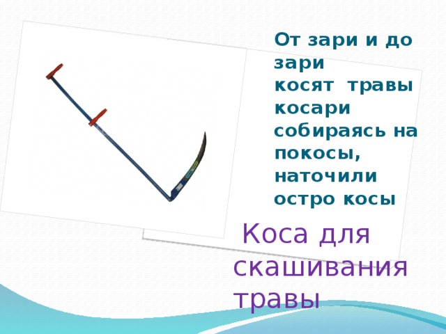 От зари и до зари  косят травы косари  собираясь на покосы,  наточили остро косы    Коса для скашивания травы