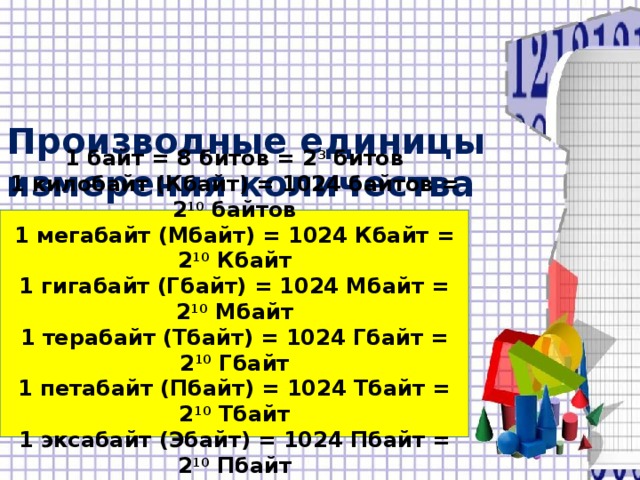 Производные единицы измерения количества информации 1 байт = 8 битов = 2 3 битов 1 килобайт (Кбайт) = 1024 байтов = 2 10 байтов 1 мегабайт (Мбайт) = 1024 Кбайт = 2 10 Кбайт 1 гигабайт (Гбайт) = 1024 Мбайт = 2 10 Мбайт 1 терабайт (Тбайт) = 1024 Гбайт = 2 10 Гбайт 1 петабайт (Пбайт) = 1024 Тбайт = 2 10 Тбайт 1 эксабайт (Эбайт) = 1024 Пбайт = 2 10 Пбайт и т.д.