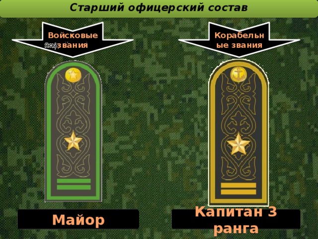 Старший офицерский состав  Войсковые звания Корабельные звания Майор Капитан 3 ранга
