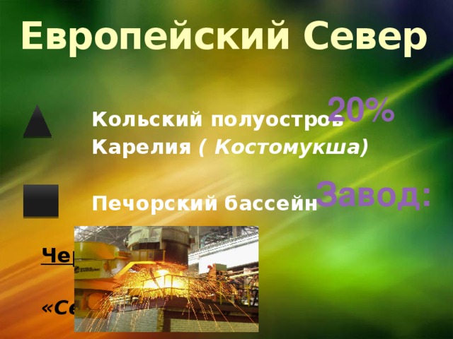 Европейский Север  Кольский полуостров  Карелия ( Костомукша)   Печорский бассейн  Череповец  «Северсталь»   20% Завод: