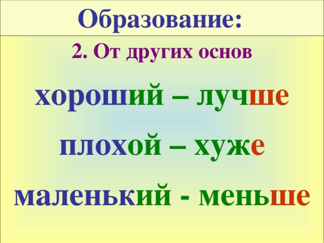 Образование:  2. От других основ хорош ий – луч ше плох ой – хуж е маленьк ий - мень ше