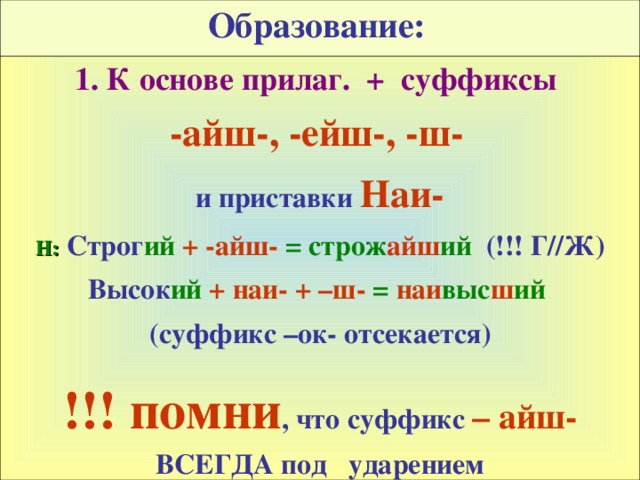 Образование:  1. К основе прилаг. + суффиксы  -айш-, -ейш-, -ш-  и приставки  Наи- Н:  Строг ий  + -айш-  = строж айш ий  (!!! Г//Ж) Высок ий  + наи- + –ш-  = наи выс ш ий  (суффикс –ок- отсекается)  !!! помни , что суффикс – айш- ВСЕГДА под ударением