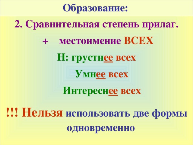 Образование:  2. Сравнительная степень прилаг.  + местоимение ВСЕХ Н: грустн ее  всех  Умн ее  всех  Интересн ее  всех  !!! Нельзя  использовать две формы одновременно