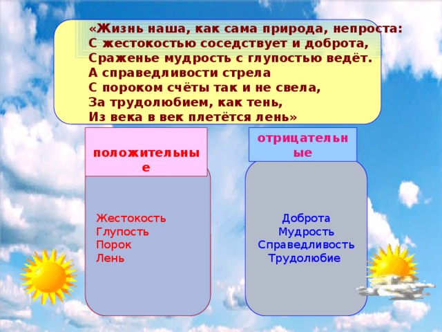 «Жизнь наша, как сама природа, непроста:  С жестокостью соседствует и доброта,  Сраженье мудрость с глупостью ведёт.  А справедливости стрела  С пороком счёты так и не свела,  За трудолюбием, как тень,  Из века в век плетётся лень»  положительные отрицательные Доброта Жестокость Глупость Мудрость Порок Справедливость Лень Трудолюбие