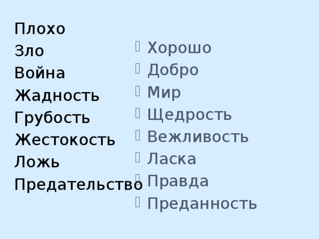 Хорошо Добро Мир Щедрость Вежливость Ласка Правда Преданность